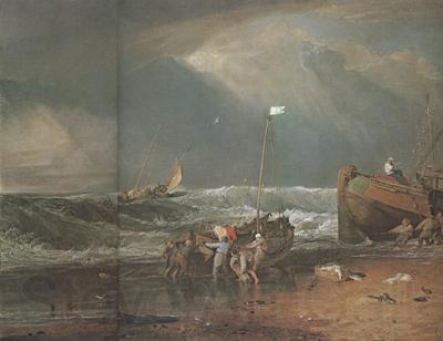 Joseph Mallord William Turner A coast scene with fisherman hauling a boat ashore (mk31) Norge oil painting art